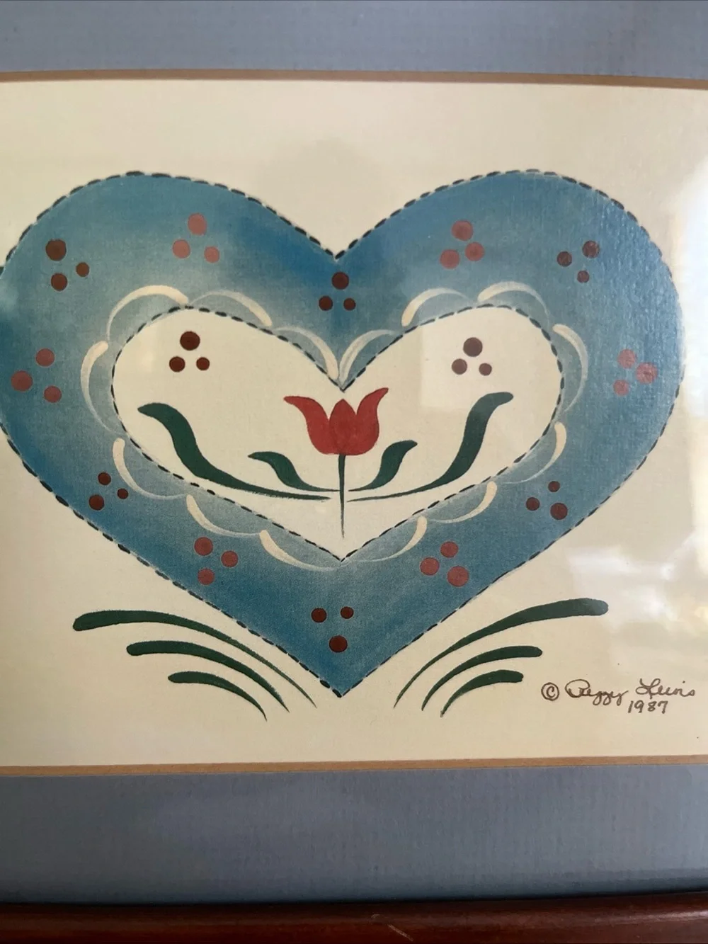 Wooden Framed Folk Art Blue Heart Print Pennsylvania Dutch Americana Signed 9x8